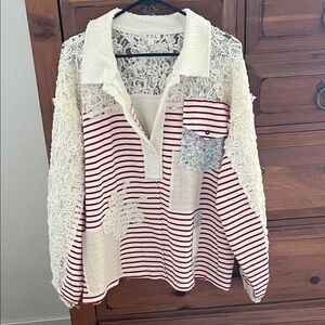 POL White Lace Textured Top With Red Stripes Size Large NWOT